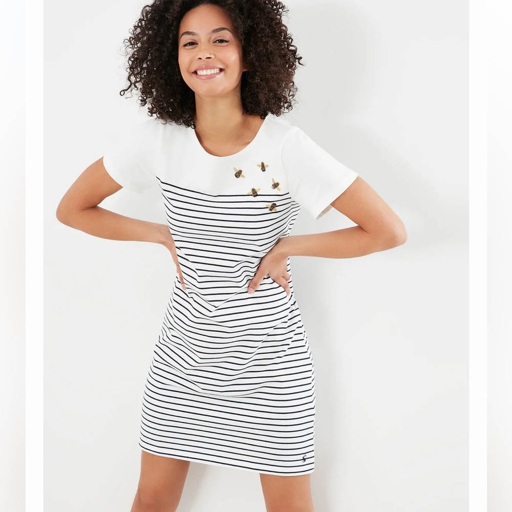 Joules Riviera Bee Embroidered Short Sleeve Stripe Jersey Dress Cream Stripe